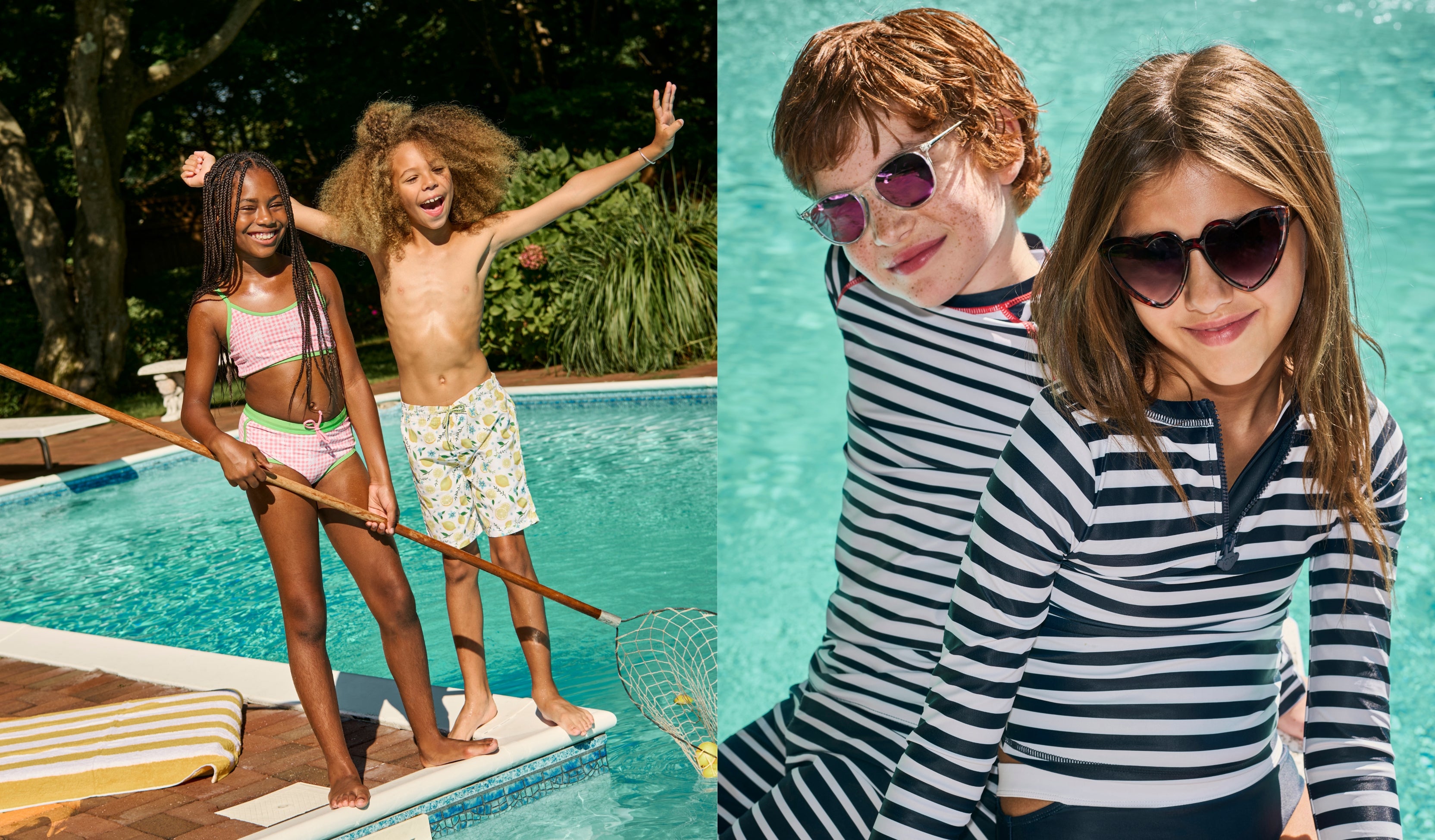 Kids enjoying high-quality clothing by the pool, showcasing vibrant swimwear and stylish sun protection.