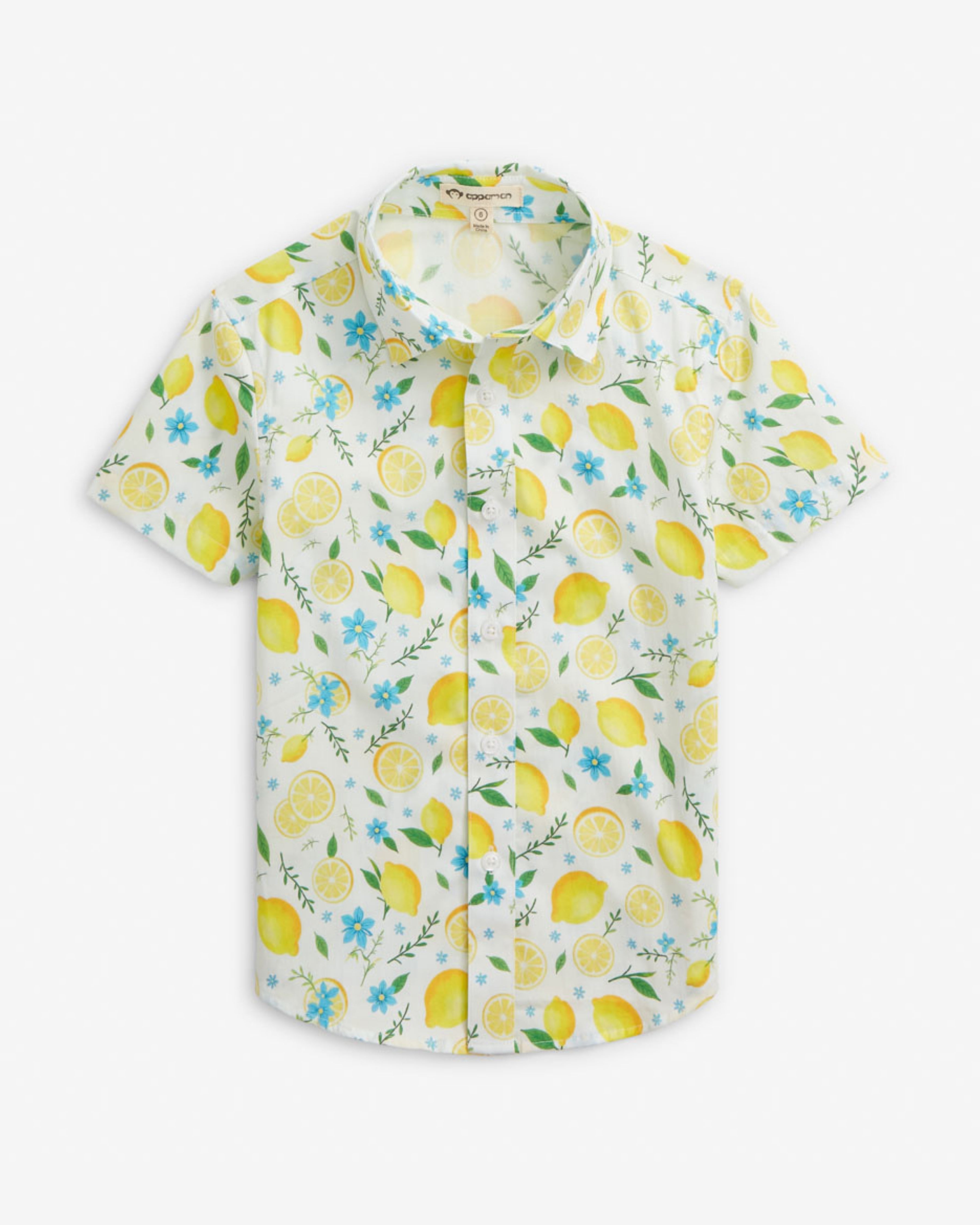 Lemon Zest Day Party Shirt featuring cheerful lemon print, short sleeves, and spread collar for summer style.