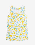 Lemon Zest Hazel Top featuring a vibrant lemon print and playful open back detail, perfect for sunny days.