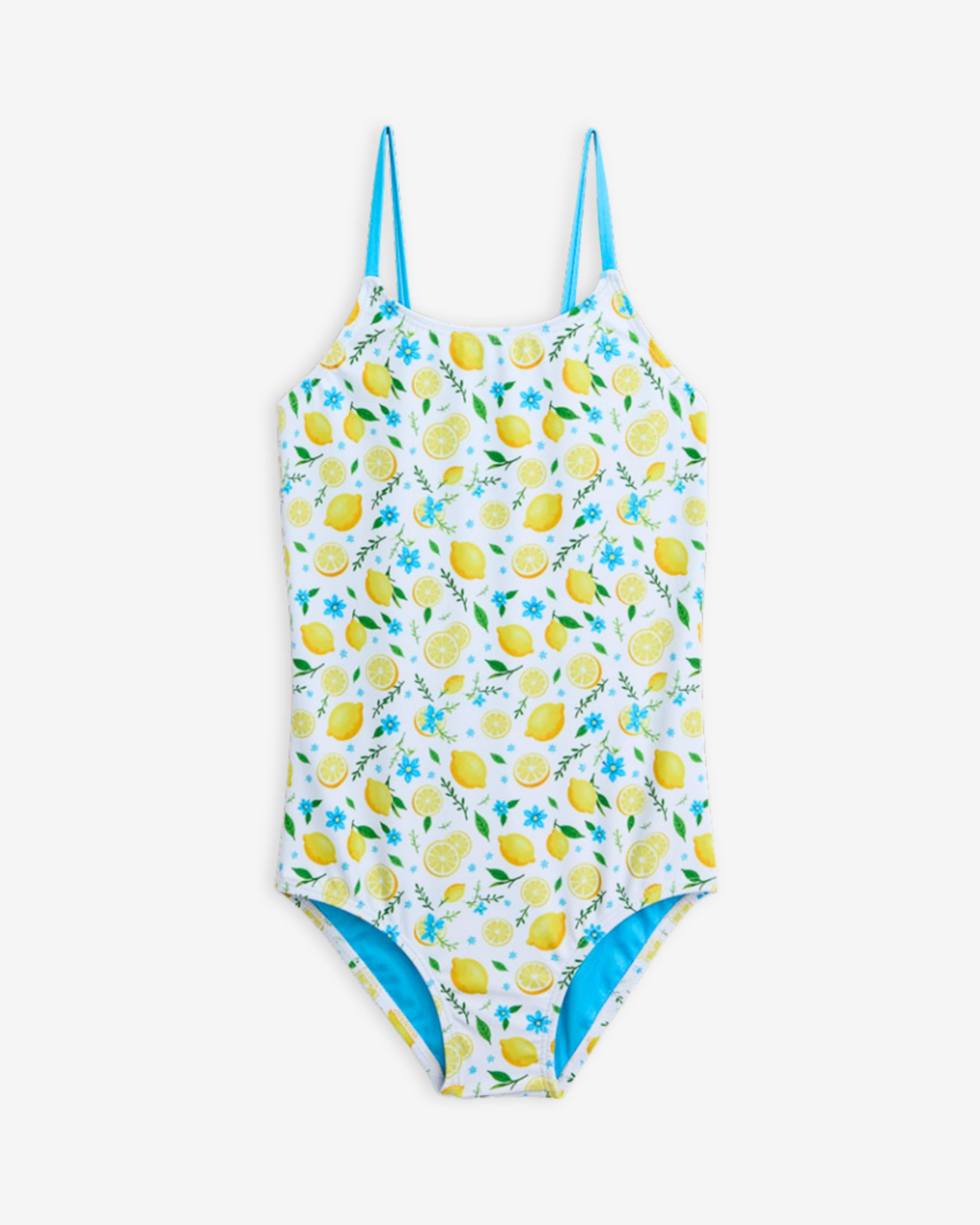Lemon Zest Taylor Swimsuit featuring a vibrant lemon print and spaghetti straps for summer fun.