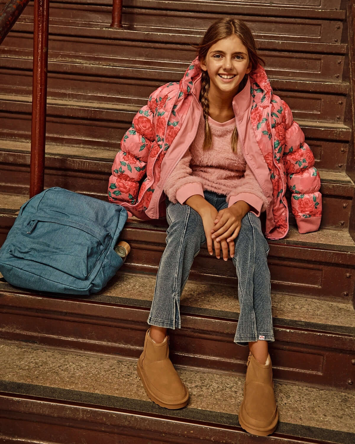 Floral Fleece Lined Hoodie Rose Print Winter Jacket For Women