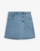 Light Wash Asymmetrical Denim Skort with button front closure and pockets