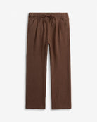 Linen Brown Resort Pant featuring a drawstring waist and front pockets. Ideal for warm weather and casual outings.