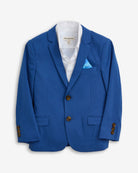 Linen Canopy Blue Sports Jacket displayed with classic lapels and removable pocket square for boys.