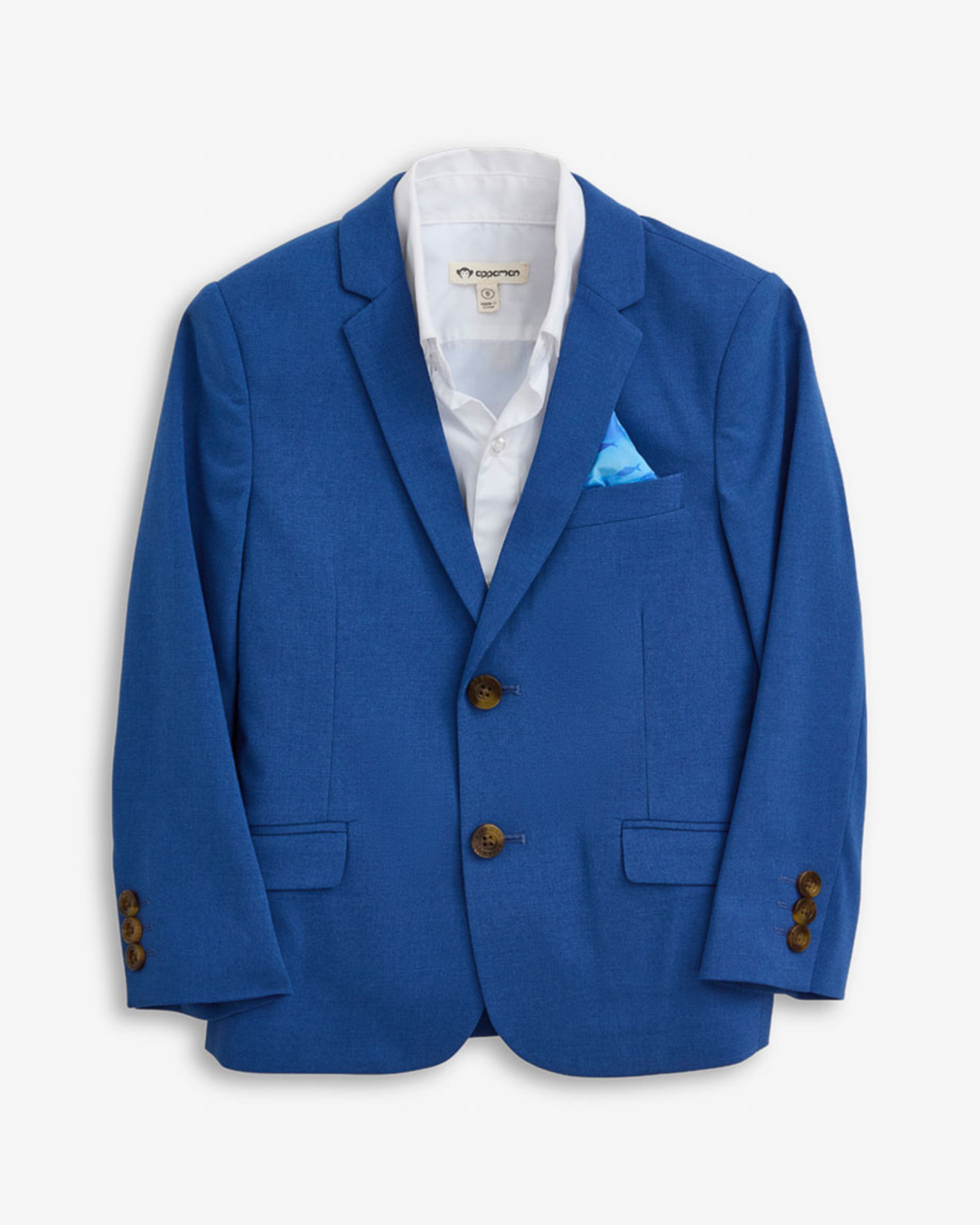 Linen Canopy Blue Sports Jacket displayed with classic lapels and removable pocket square for boys.
