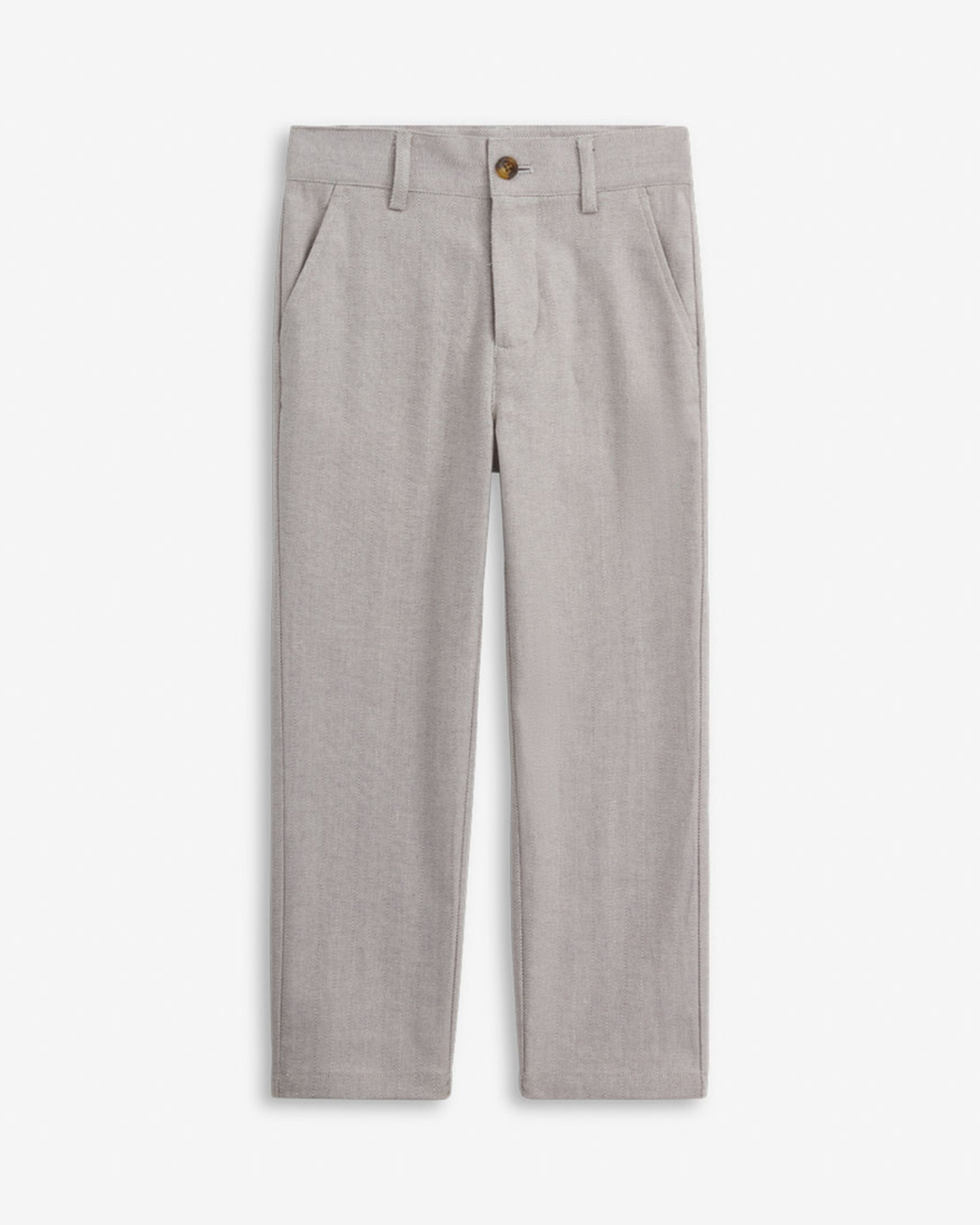 Linen Grey Beach Pant for boys with zipper, button closure, and functional pockets, perfect for summer events.