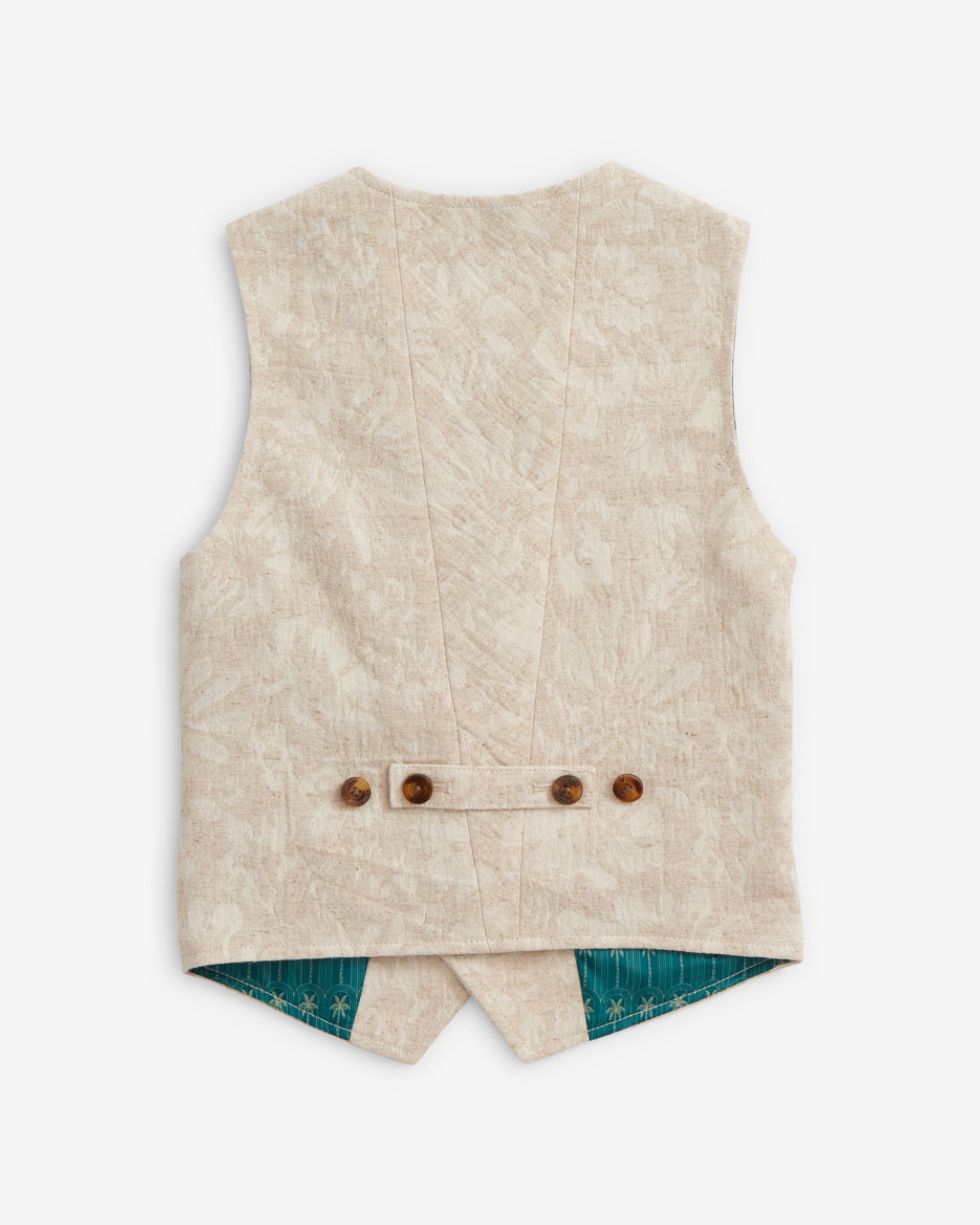 Linen Ivory Garden Tailored Vest back view showcasing floral print and classic buttons, perfect for warm weather occasions.