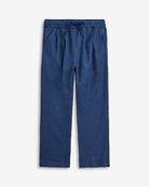 Linen Navy Herringbone Resort Pant featuring a drawstring waist and pockets for summer comfort.