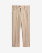 Linen Parchment Stretchy Mod Suit Pant featuring a skinny-leg fit and adjustable waist.