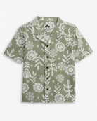 Linen Sage Sunflower Camp Collar Shirt featuring floral patterns in a light green color, perfect for Spring and Summer.