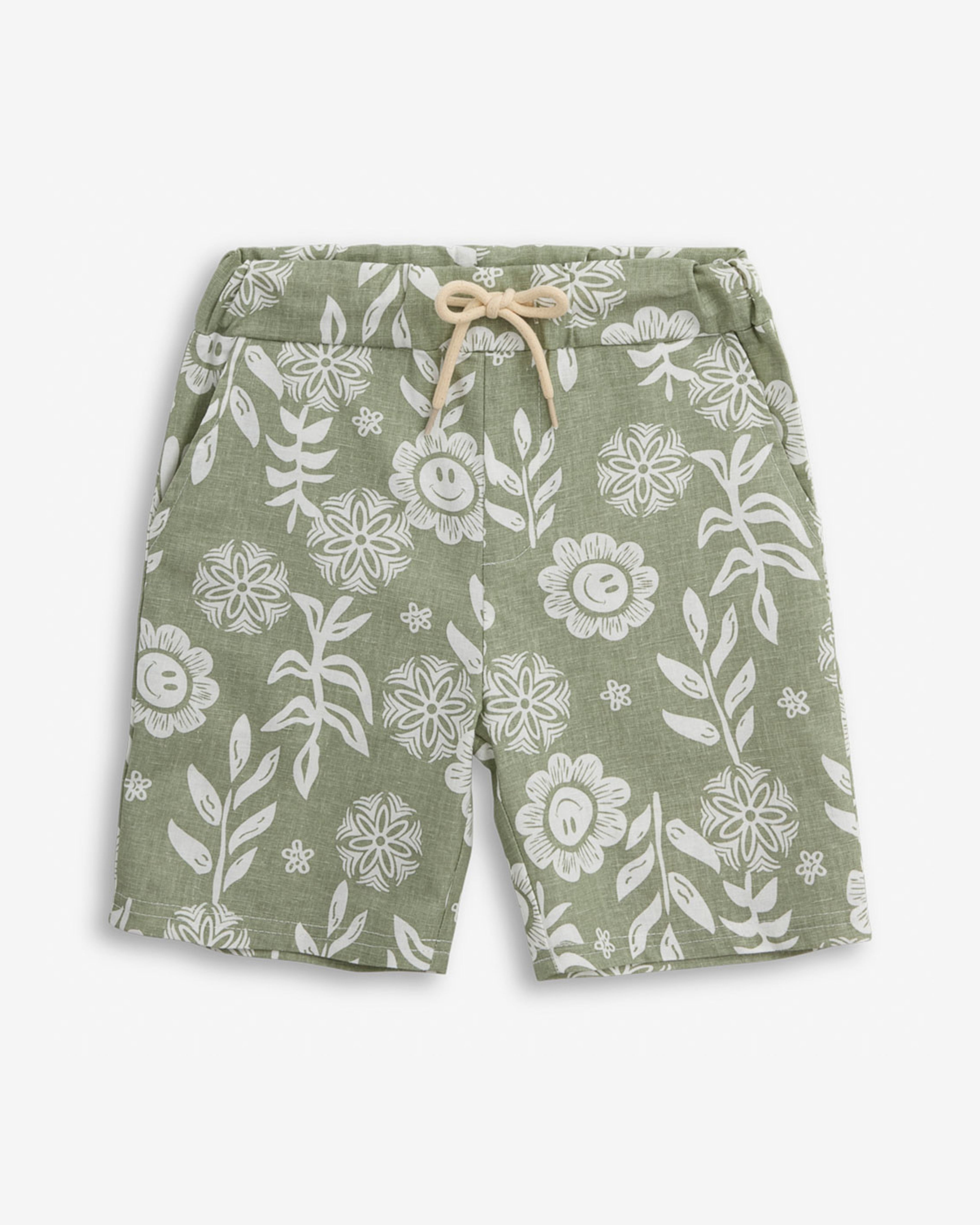 Linen Sage Sunflower Resort Short featuring cheerful sunflower print and comfortable drawstring design.