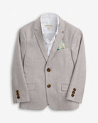 Linen Warm Grey Sports Jacket featuring classic lapels, functional pockets, polished buttons, and a removable pocket square.