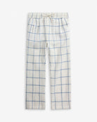 Linen White Windowpane Resort Pant featuring a blue grid design and comfortable pull-on style with drawstring waist.