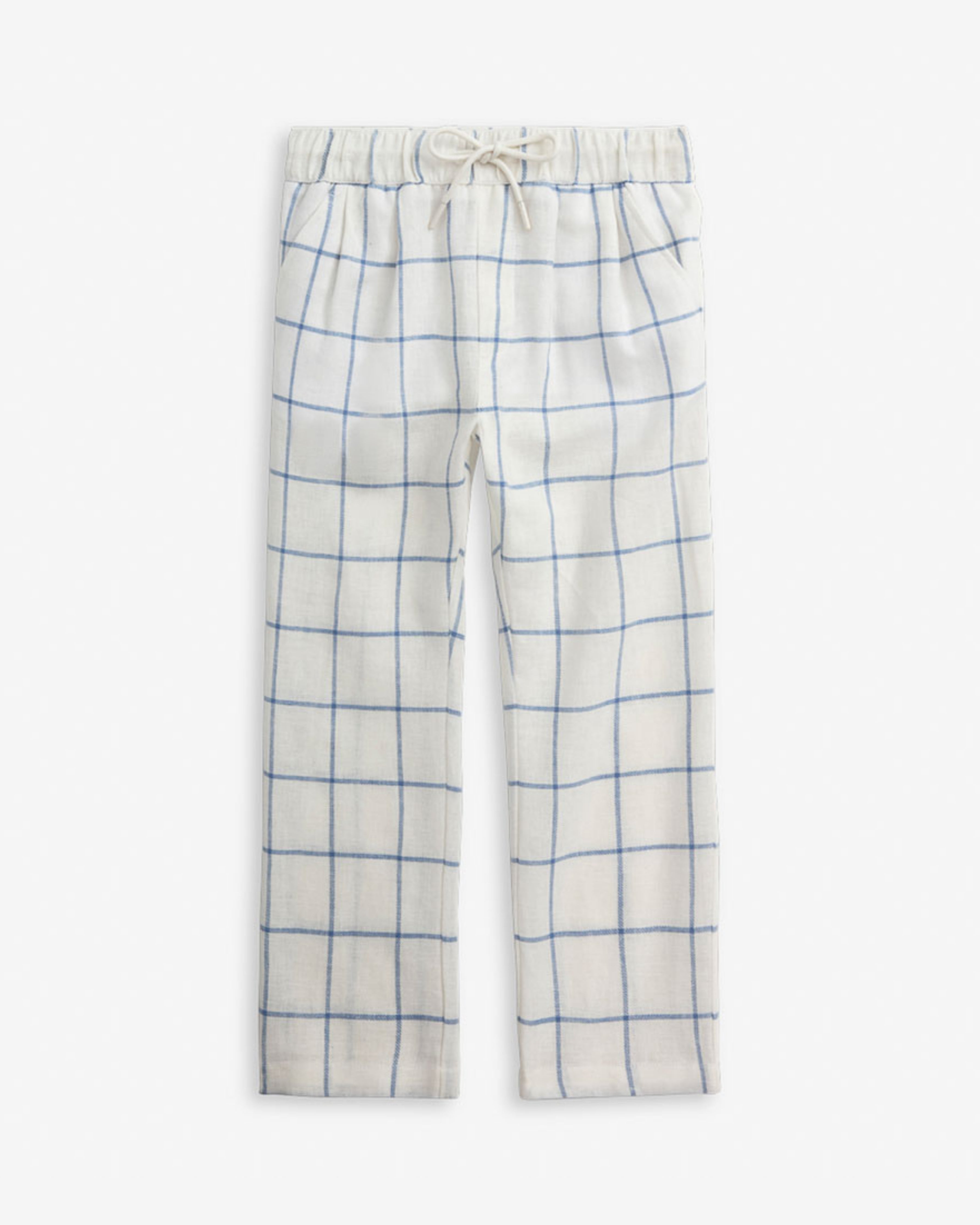Linen White Windowpane Resort Pant featuring a blue grid design and comfortable pull-on style with drawstring waist.