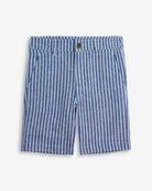 Linen Canopy Stripe Trouser Short featuring a blue and white striped design, perfect for warm weather and stylish outfits.