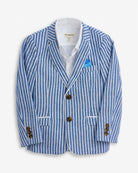 Linen Canopy Stripe Club Blazer in blue and white stripe with classic lapels and pocket square.