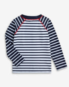 Back view of Nautical Stripe Long Sleeve Rash Guard featuring classic stripe pattern and sporty sleeve detail.