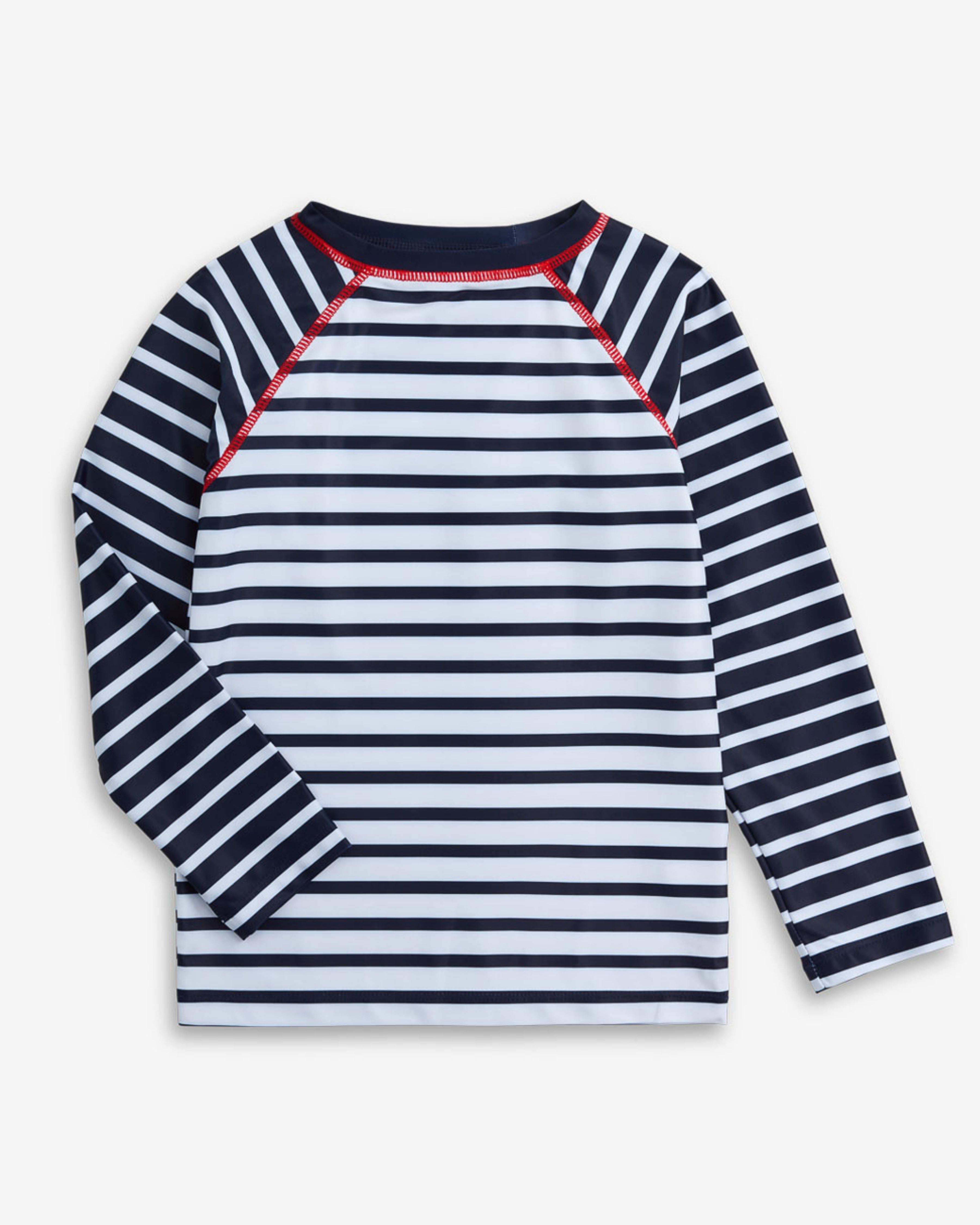 Back view of Nautical Stripe Long Sleeve Rash Guard featuring classic stripe pattern and sporty sleeve detail.