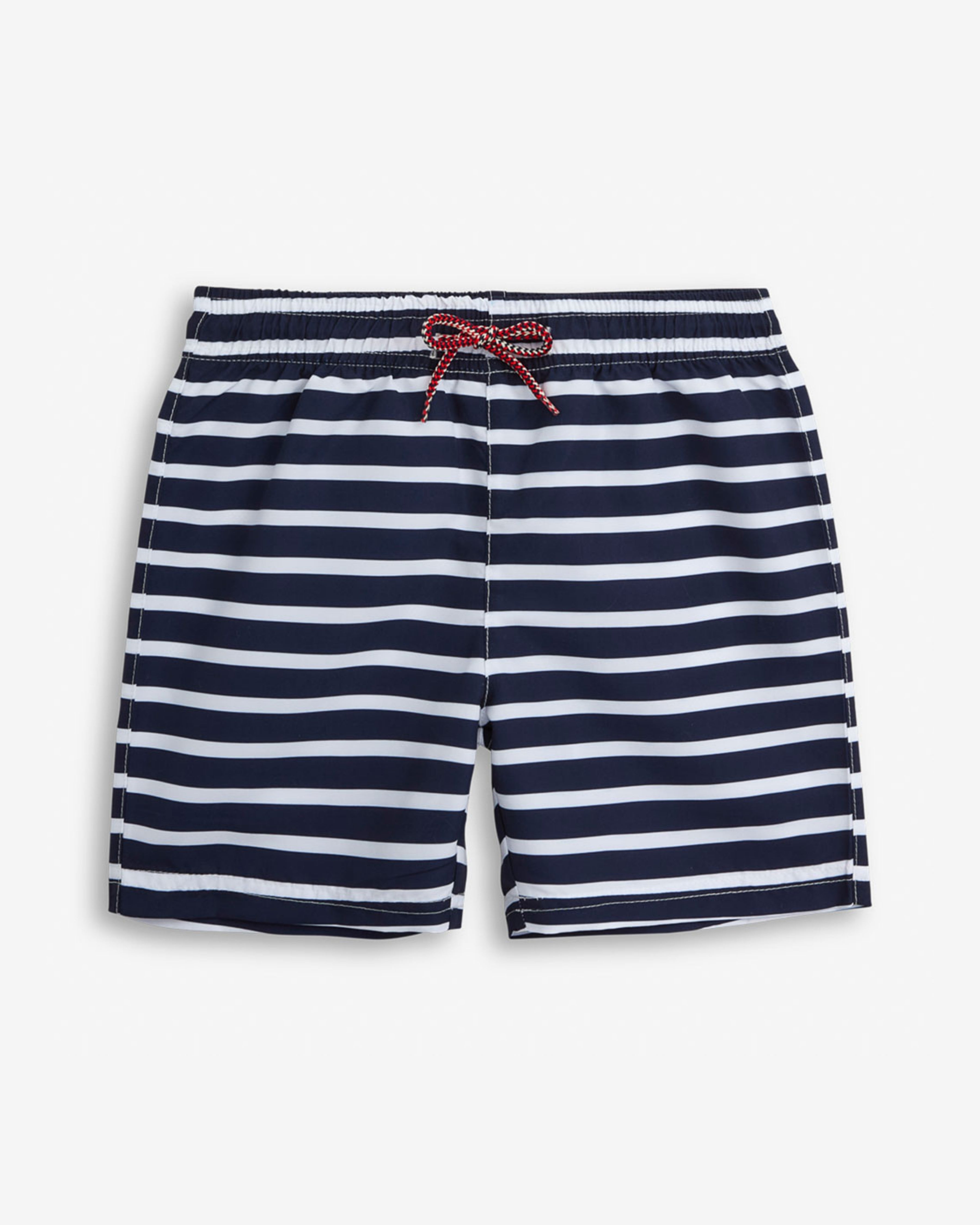 Nautical Stripe Swim Trunk featuring elastic waistband and drawstring for comfort and security.