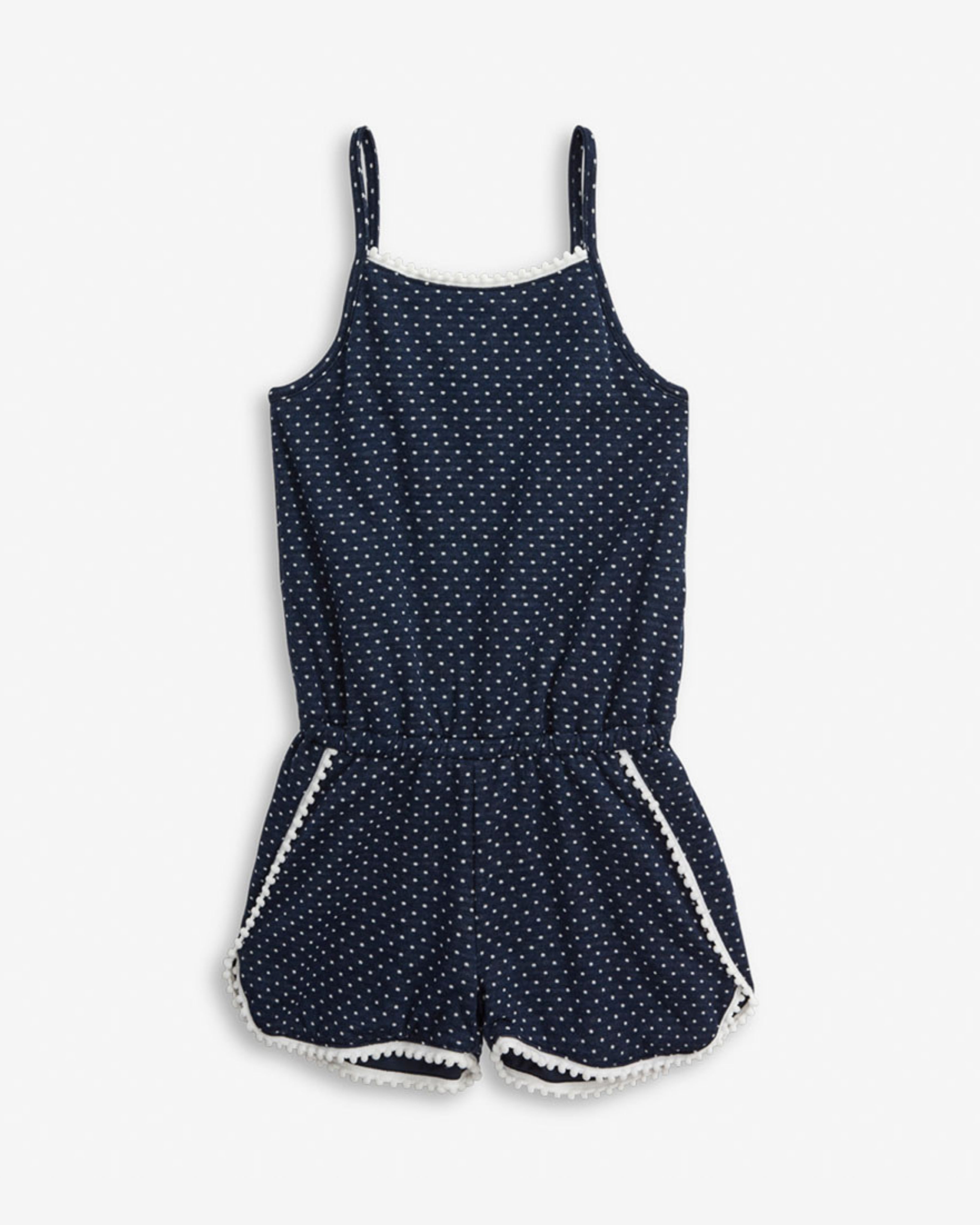 Navy Blue Novia Romper for girls featuring a square neckline, sleeveless design, and playful polka dots.