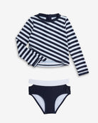 Navy Stripe Oceana Rash Guard Set featuring a long-sleeve top and matching bikini bottom for sun protection and comfort.