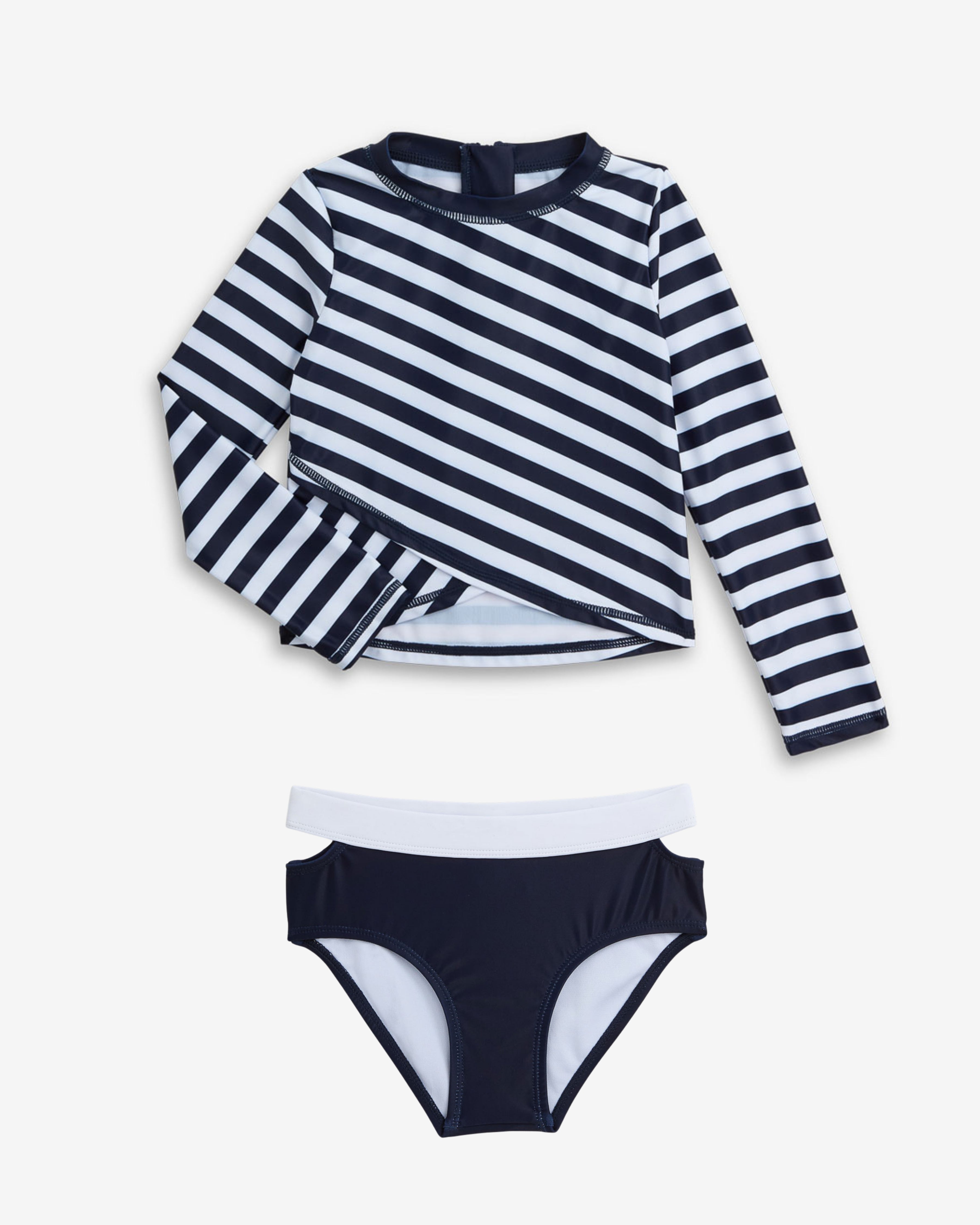 Navy Stripe Oceana Rash Guard Set featuring a long-sleeve top and matching bikini bottom for sun protection and comfort.