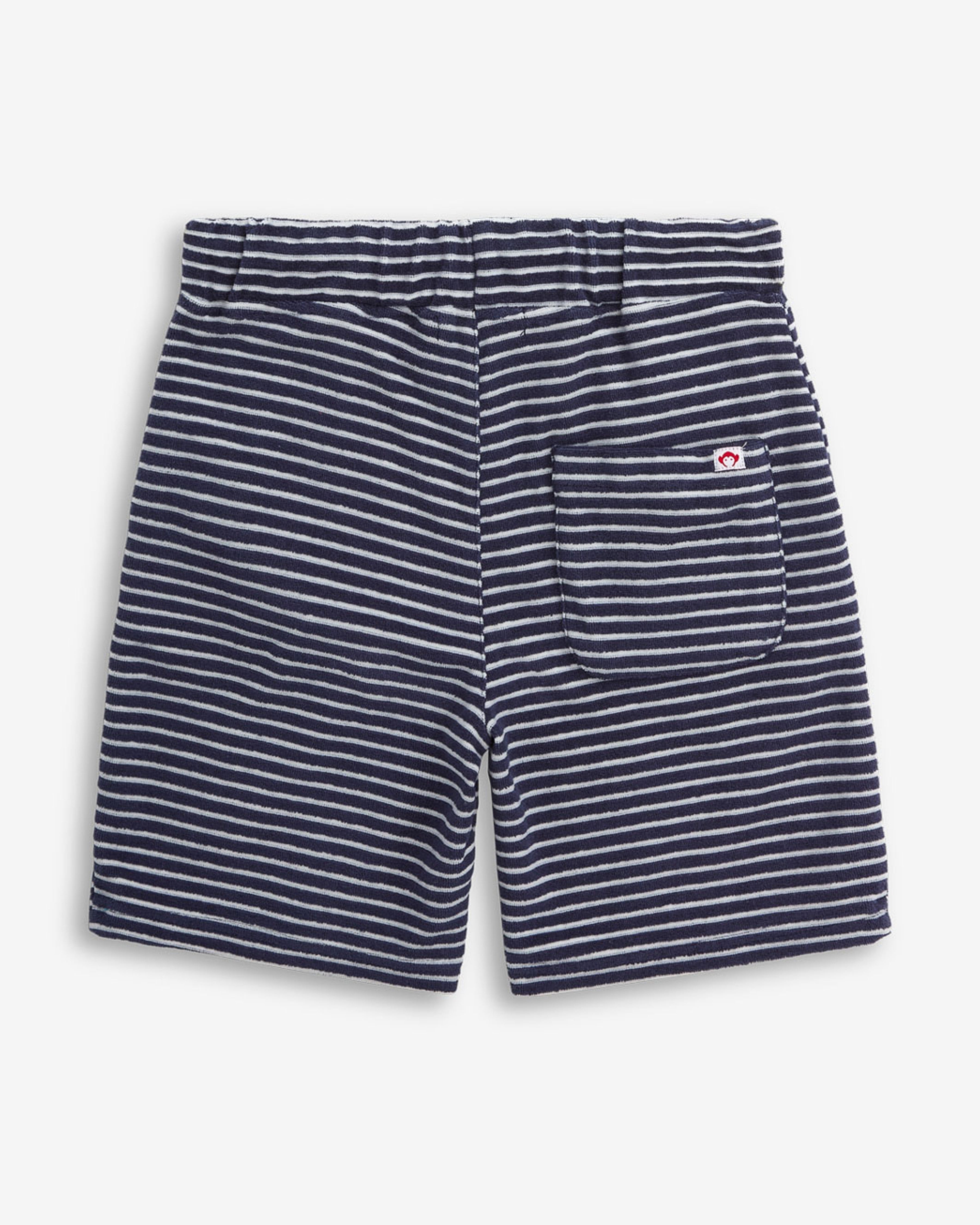 Navy Stripe Preston Short featuring a pull-on design, front and back pockets, and comfortable drawstring.