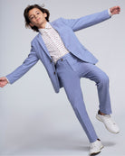 Pacific Blue Stretchy Mod Suit for kids, featuring a tailored jacket and skinny leg pants in a stylish pose.