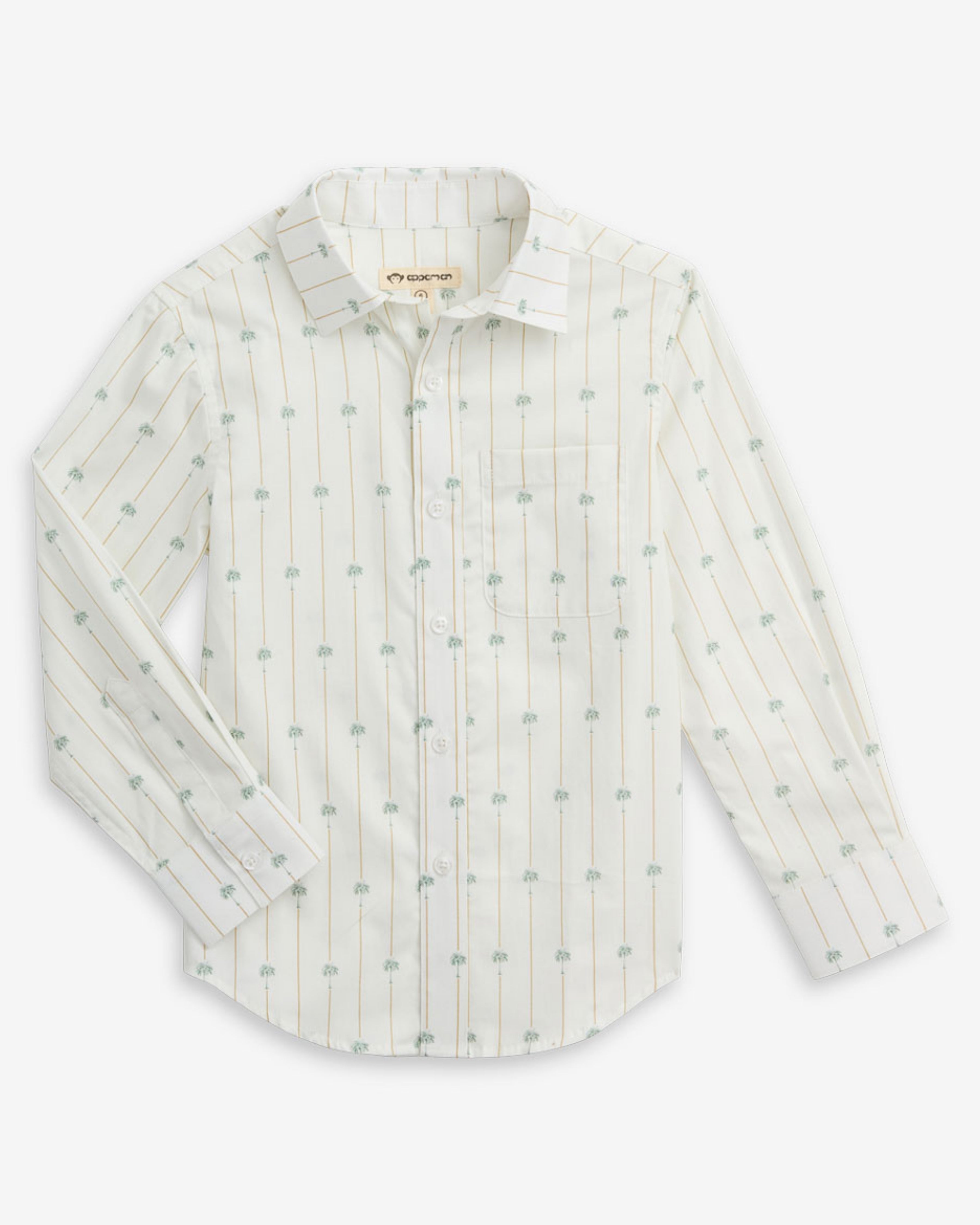 Palm Stripe Standard Button Down Shirt featuring a playful palm stripe design on breathable cotton fabric.