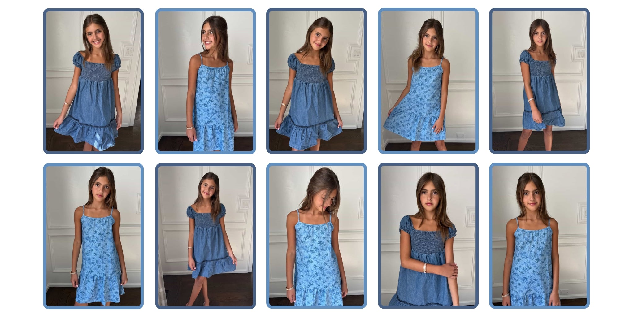 Grid of images showing a girl wearing a blue dress in various poses.