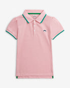 Pink Mousse Puff Sleeve Polo in soft pink with contrast green trim and puff sleeves.