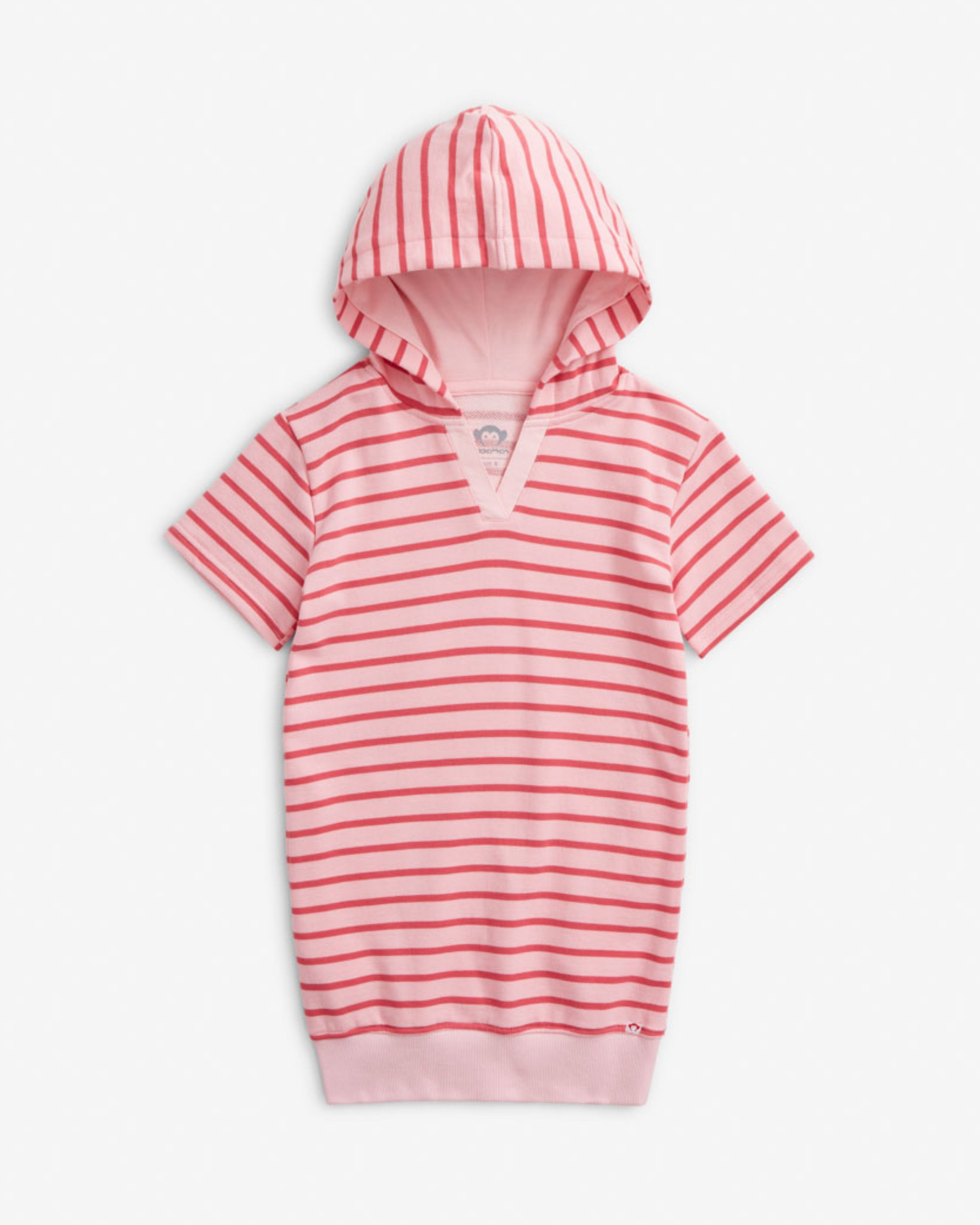 Pink Stripes Hoodie Dress in pink and white stripes with a cozy hood, perfect for warm weather play.
