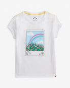 Polaroid White Circle Tee with a colorful rainbow graphic on a soft white fabric.