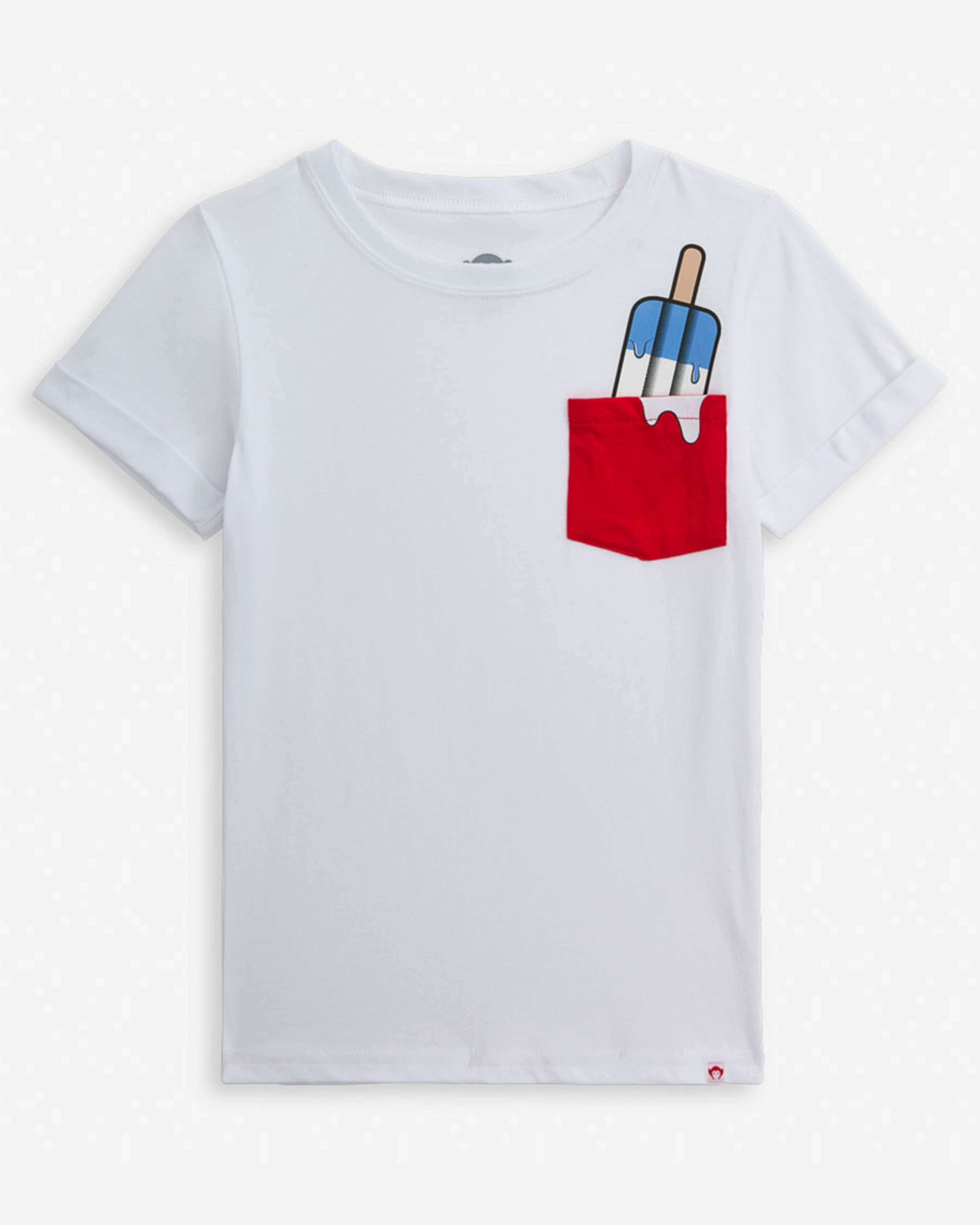 Popsicle White Day Trip Tee featuring a playful popsicle graphic pocket on a white cotton shirt.