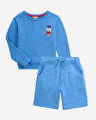 Popsicle Sweatshirt & Short Set featuring a blue sweatshirt with a playful popsicle graphic and matching shorts.