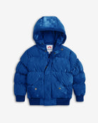 Blue puffer jacket with a hood on a white background
