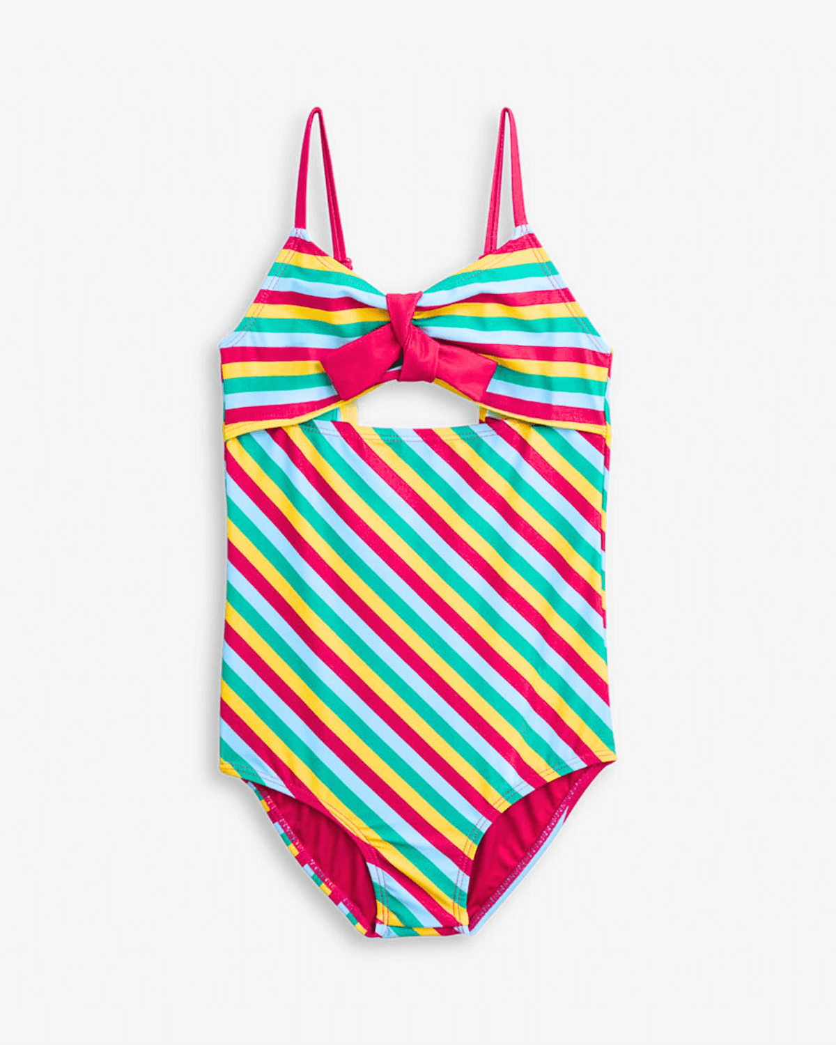Rainbow Stripes Luana Swimsuit with colorful stripes and playful cutout design, perfect for sunny days at the beach.