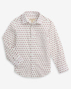 Red Hibiscus Standard Button Down Shirt in white with red polka dots, perfect for summer wear.