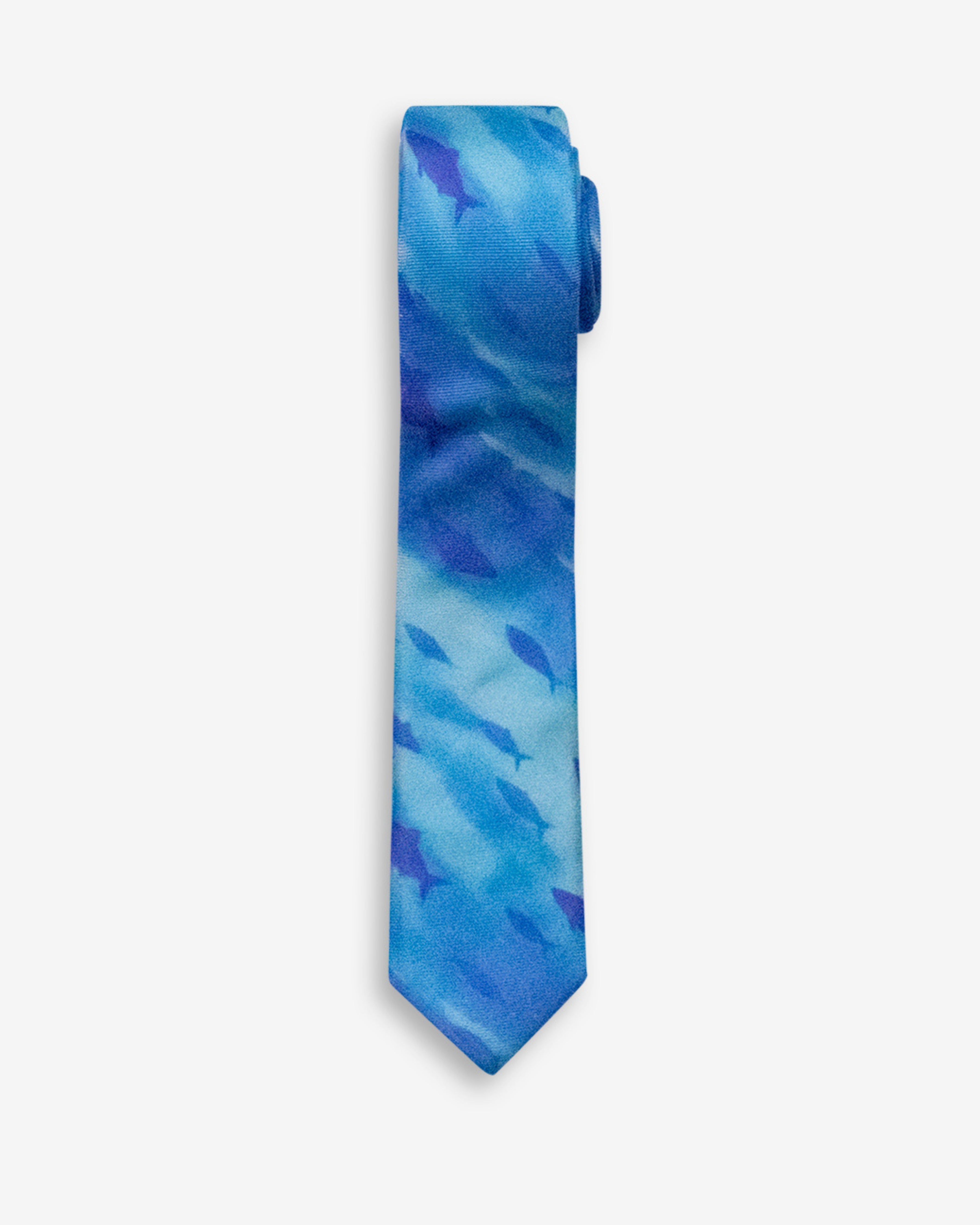Silk Fish School Tie featuring a playful fish pattern in shades of blue, perfect for kids' formal wear.