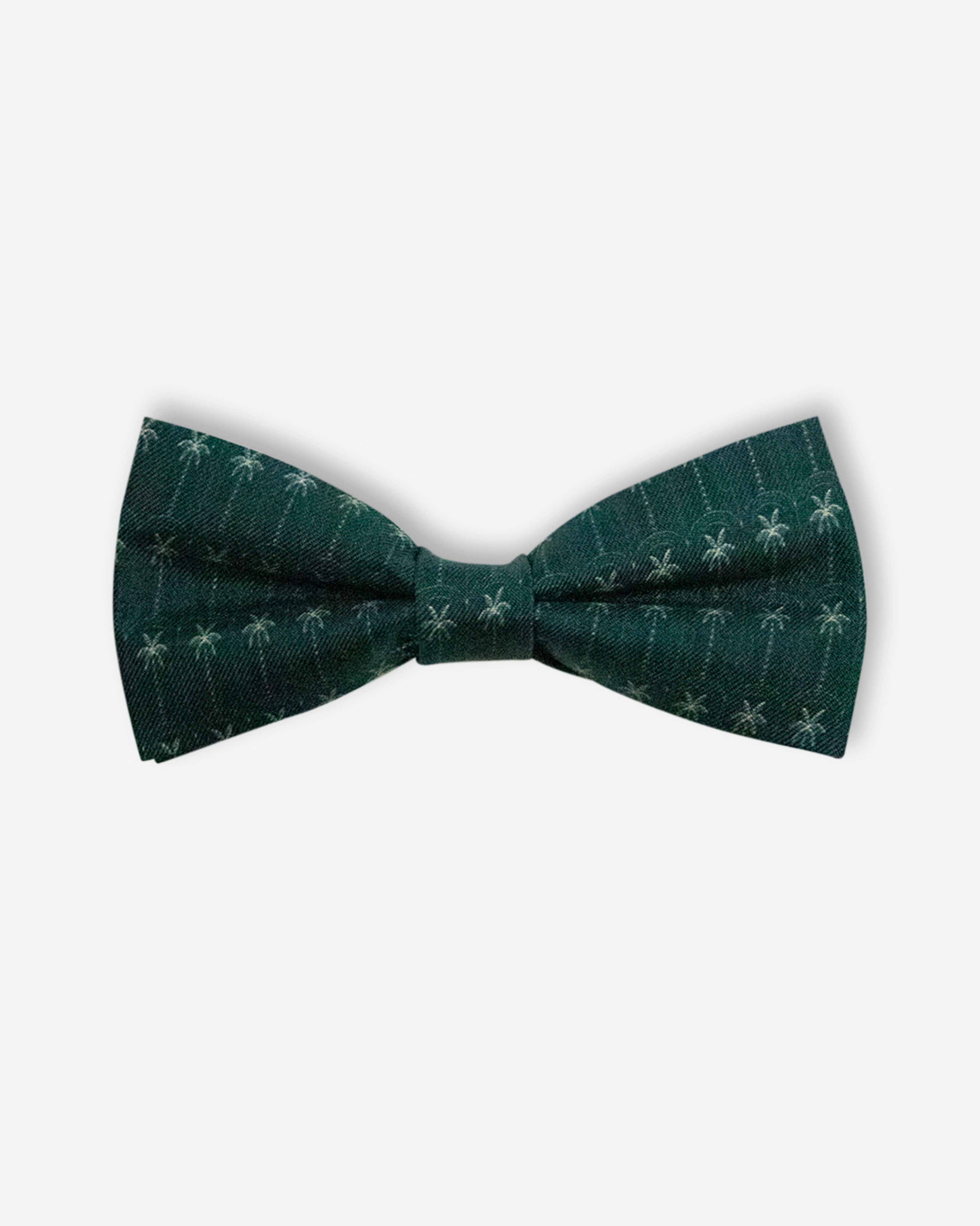 Silk Luxury Palms Bow Tie with a green background and palm tree pattern for kids' dressy occasions.