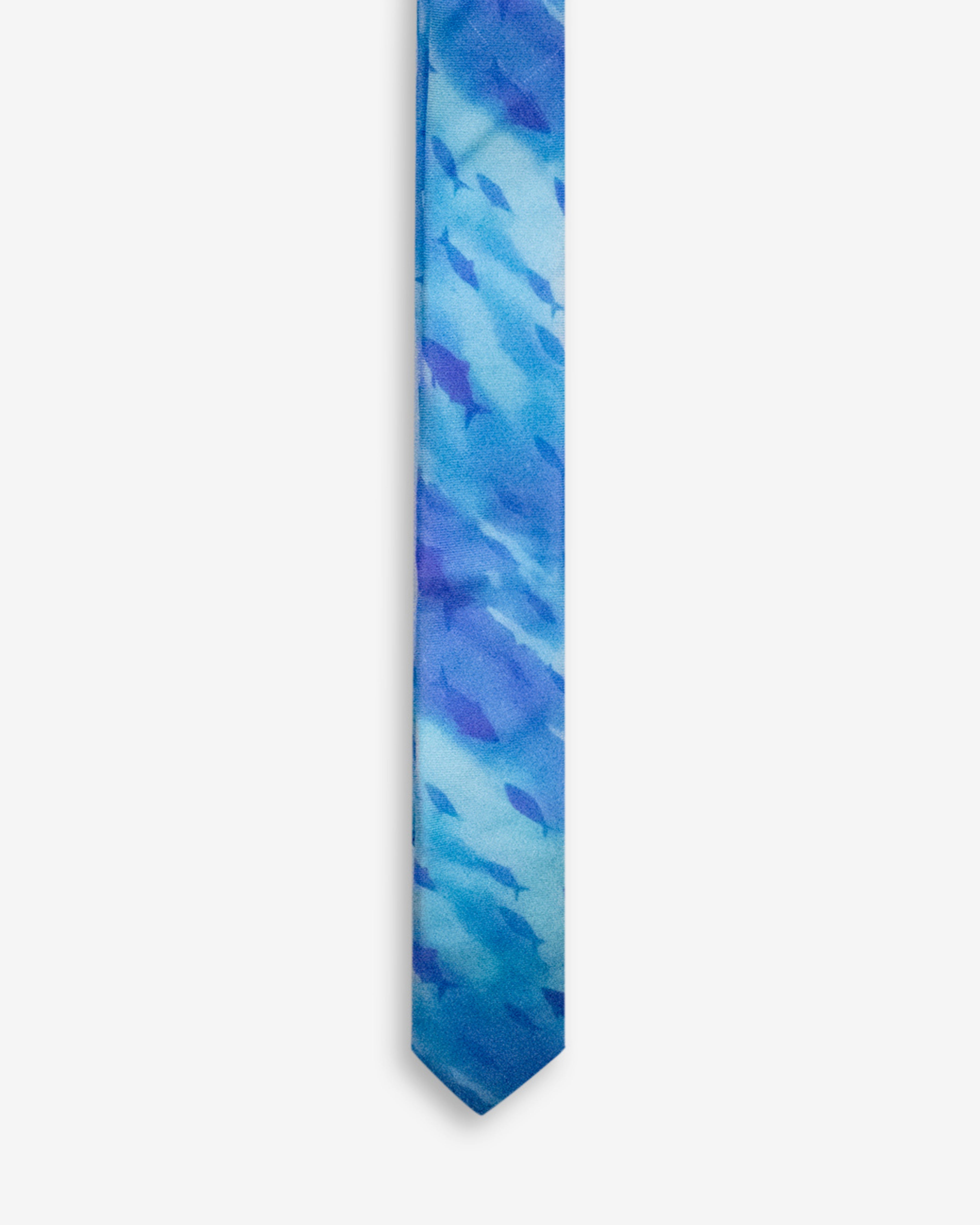 Silk Fish School Tie in blue with playful fish pattern for kids' formal wear.