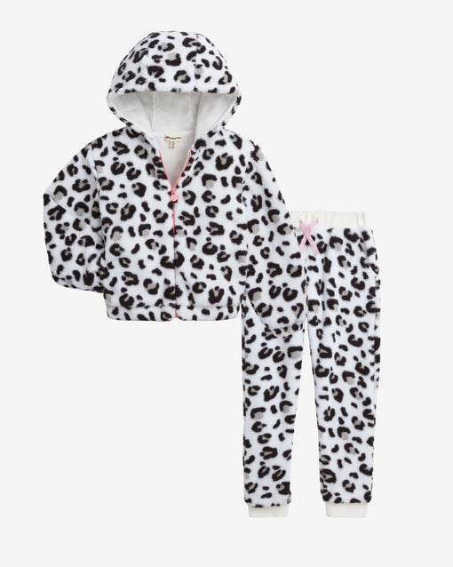 Snow Leopard Fleece Sweat Set featuring a cozy zip-up hoodie and jogger pants in a bold snow leopard print.