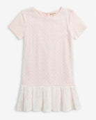 Soft Pink Eyelet Eve Dress featuring short sleeves and pleated skirt in airy eyelet fabric.