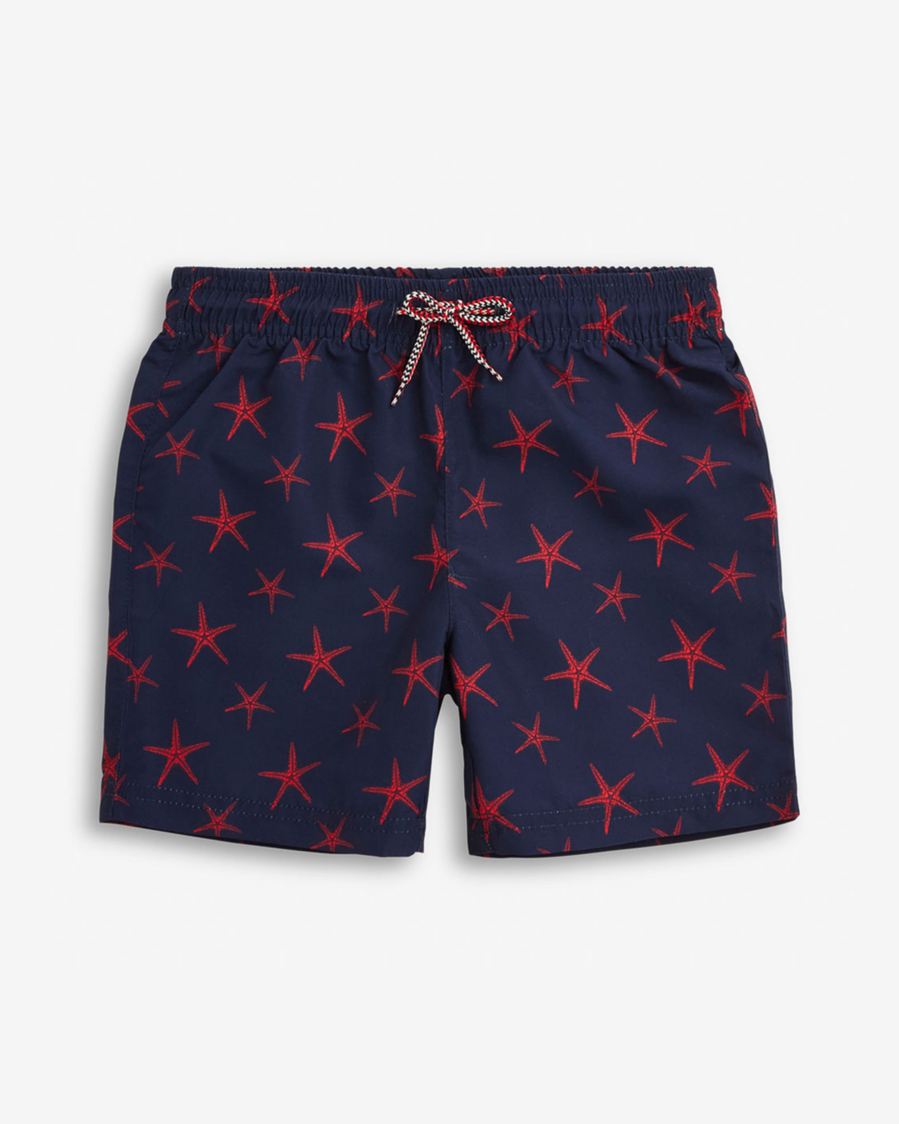 Starfish Swim Trunk featuring a navy background with red starfish pattern and elastic waistband.