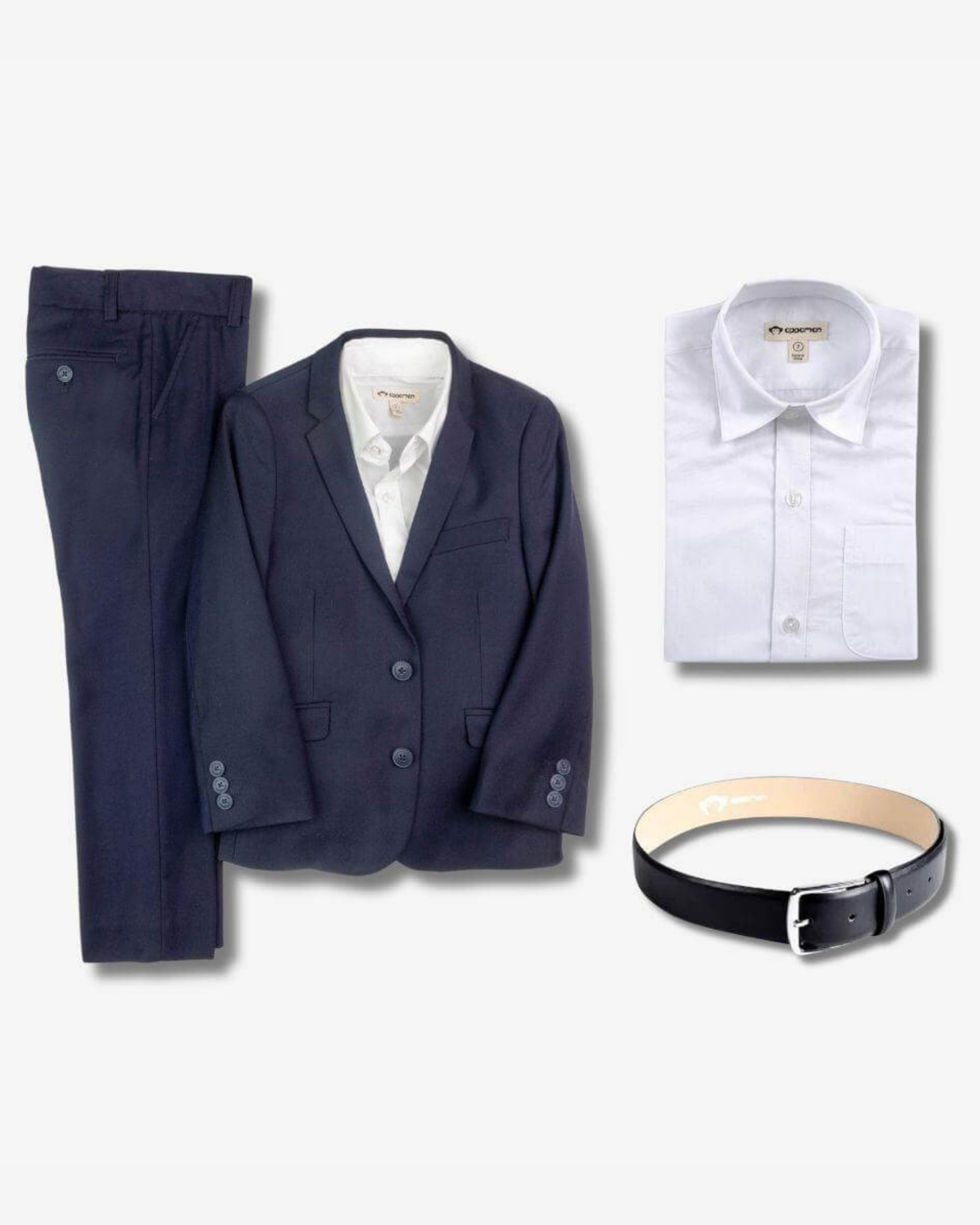 Navy suit jacket, pants, white shirt, black belt on a white background