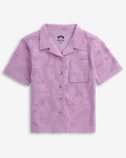 Sunny Days Lilac Resort Shirt with sun and rainbow print, short sleeves and collared neck, perfect for summer wear.