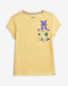 Sunrise Kitty Graphic Pocket Tee featuring a playful cat graphic and floral designs on a yellow 100% cotton fabric.
