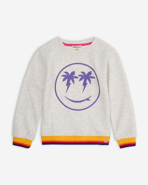 a grey sweater with a smiley face and palm trees on it