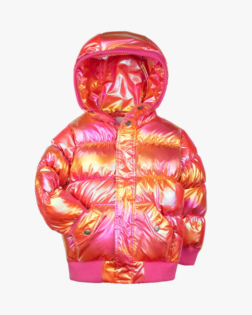 a pink and orange puffer coat