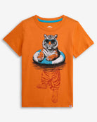 Tiger Float Orange Graphic Short Sleeve Tee featuring a cool tiger in sunglasses on a float.
